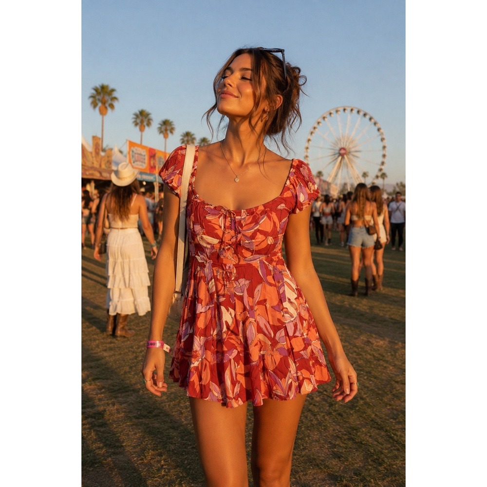 Sky to Moon S Small Tropical Print Floral Mini Sundress Red Orange Festival Y2K